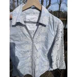 Cino Embroidered Eyelet Button Up Blouse Blue RN 114689 Cotton Ladies Medium